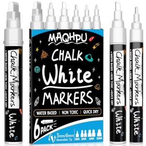 Maqhpu craie pour tableau noir, Lot de 6 feutre craie vitre effacable blanche pour fenêtres et tableau noir, Marqueur craie effacable stylo craie pour verre et pots à épices (1 mm, 3 mm, 6 mm, 10mm) (Dabei-FR, neuf)