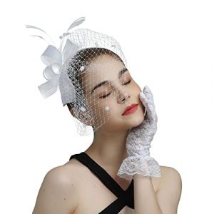 Chapeau Fascinator Femme Chapeau Plume Mariage &Eacute;pingles &agrave; Cheveux Chapeaux Bibi R&eacute;tro Coiffe de Mari&eacute;e Serre-t&ecirc;te Pince &agrave; Cheveux Voilette en Maille Bandeau pour Mariage Cocktail Photographie Soir&eacute;e (LONGTENGUK, neuf)