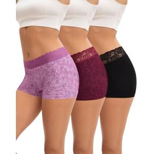 INNERSY Shorty Femme Coton Dentelle Boxer Culotte Confortable Caleçon Taille Basse Panty Lot de 3 (L, 1 Noir/2 Roses Romantiques) (Innersy La vie, neuf)