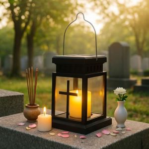 Lanterne fun&eacute;raire cimeti&egrave;re r&eacute;sistante aux intemp&eacute;ries - Lanterne solaire pour l'ext&eacute;rieur - Lampe fun&eacute;raire pour tombe - Noire - Avec bougies LED - Petite lanterne &agrave; bougie - Cadeau pour deuil (Lergas EU, neuf)