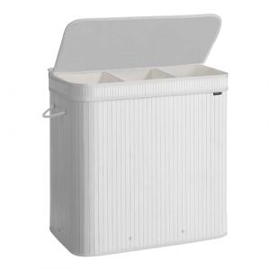SONGMICS Panier &agrave; Linge Sale avec Couvercle, Corbeille Linge Sale en Bambou, Sac Int&eacute;rieur Amovible et Lavable en Machine, Poign&eacute;es, Volume 150 L, Buanderie, Chambre, Salon, Blanc Nuage LCB062W01 (SONGMICS HOME FR, neuf)