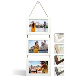 NEOWS Cadre Photo Multiple avec Corde pour Suspendre au Mur - Lot de Cadres Décoratifs pour Accrochage Mural Vertical - Porte Portrait Pele Mele - Photos 10x15 (Blanc Cassé, 3 Photos Horizontal) (NEOWStore, neuf)
