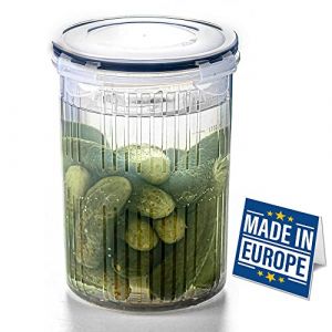 Crystalia Anti-fuite Bocal à Cornichons avec Passoire SANS BPA 1500ml Pickle Jar, Pot Cornichon avec Passoire, Porte Cornichons, Seau de Cornichons Baril D'olive Jalapeno avec Couvercle Verrouillable (Volarium EU, neuf)