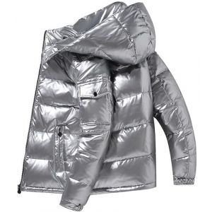 Doudoune matelass&eacute;e lourde pour homme, veste de sport brillante avec capuche, argent&eacute;, M (Haoxinkjshop, neuf)