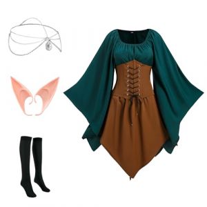 NFAOEGJ Robe m&eacute;di&eacute;vale elfique, traditionnelle irlandaise, gothique, Halloween, cosplay, Renaissance, accessoires cheveux, chaussettes genoux (LAYPA, neuf)