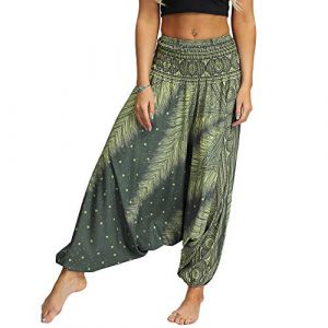 Nuofengkudu Femme Yoga Pantalon Sarouel Thailande Motif Ethnique Haute Taille Elastique Larges Sport Baggy Pants Plage ,Vert,Taille Unique (better Life, neuf)