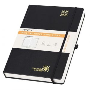 POPRUN Agenda 2025 2026 Journalier A4 Grand Format 30,5 x 21,5 cm - 1 Page par Jour, D'Août 2025 à Juil 2026 12 Mois Scolaire, Couverture Rigide, Signet à 2 rubans, Papier 80g/m², Noir (Time Works Wonders, neuf)