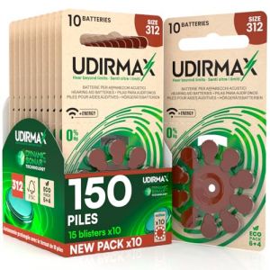 150 Piles Auditives PR41 Taille 312 (Marron) Udirmax Zinc-Air 0% Mercure 1,45V Eco Pack - 15 Blisters Écologiques de 10 Piles (Eurocali, neuf)