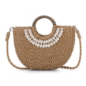 EVEOUT Sac Bandoulière en Paille Femmes été Boho Sac Panier Rond en Rotin Tissé Sac à Main Raphia avec Décoration Coquillage pour Plage Vacances(Marron) (EVEOUT, neuf)