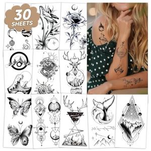150 styles d'art noir tatouages temporaires pour les femmes hommes adultes, 3D Fake réaliste étoile soleil lune autocollant de tatouage garçons filles, durables tatouages temporaires sur le cou doigt (EMOME-EU, neuf)