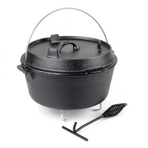 Wiltec Dutch Oven Marmite 9L en Fonte Dessous-plat Lève-couvercle Pied de support Fait-tout Pot Cocotte Feu de camp Camping Barbecue Grillade Friture Cuisson Extérieur (Wiltec Wildanger Technik GmbH, neuf)