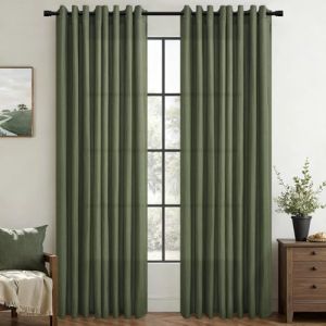 Topfinel Vert Olive Rideau Voilage Naturel Lin Coton 140x225cm Rideaux Voilages Fenetre Salon Chambre Adult Enfant Garcon Moderne D&eacute;coration Translucides &agrave; Oeillets Rideau Draperies Int&eacute;rieurs 2pcs (NoledarEU, neuf)