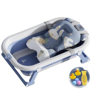 Baignoire Bébé Pliable Avec Transat De Bain Pour Bebe & Thermomètre Intégré, Baignoire Enfant Avec Siege De Bain Pour Bebe, baignoire Bebe Sur Pied,Canard jaune gratuit-bleu (Willanmd, neuf)