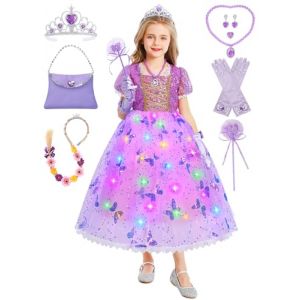 Costume de Raiponce pour fille - Costume de princesse Raiponce - Robe &agrave; manches bouffantes - Robe de carnaval - Robe festive pour carnaval, anniversaire - Avec perruque, sac &agrave; main, couronne et (Geplaimir, neuf)