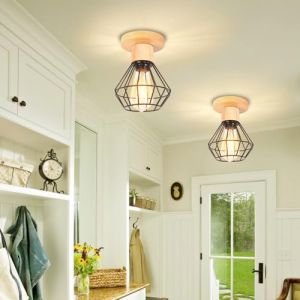 PETITES ECREVISSES 2 Pack Plafonniers E27 Industrielles Lustre Abat-jour Métal et Bois Suspension Vintage Cage forme Diamant Luminaire d'eclairage Pour Sejour Chambre Salon (B-Ø16cm-bois) (DOO2U, neuf)