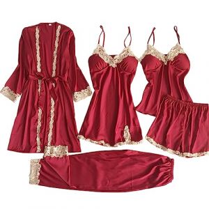 G&eacute;n&eacute;rique 5 Pi&egrave;ces Femme Sexy Chic Ensemble De V&ecirc;tements De Nuit en Satin Nuisette Dentelle Cami Chemise De Pyjama, Feminin Sensuelle Peignoir de Soie Chemisette De Nuit Ensemble De Lingerie (qieycgd, neuf)