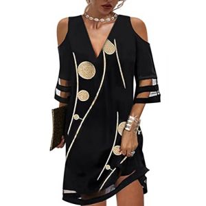 Minetom Femmes Col V Robe Tunique &Eacute;l&eacute;gant Plage Soir&eacute;e F&ecirc;te Cocktail Mini Shirt Robe I Noir 05 S (Mon Bon Coup FR, neuf)