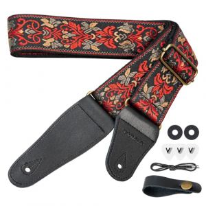 VOHALO Sangle de Guitare pour Guitares Acoustiques & &Eacute;lectriques, Coussin Ergonomique Renforc&eacute;, Motif Vintage Fleuri, Longueur R&eacute;glable 100-150cm, Inclut M&eacute;diators & Accessoires Rouge (TRACT, neuf)