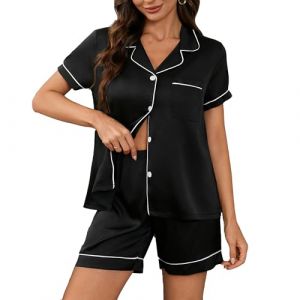 YUSHOW Ensemble de Pyjama Femme en Satin Short Pyjama à Manches Courte Boutonnée Légère 2 Pièce Vêtements de Nuit en Soie Sleepwear Pjs Set,Noir,S (YUSHOW Sports, neuf)