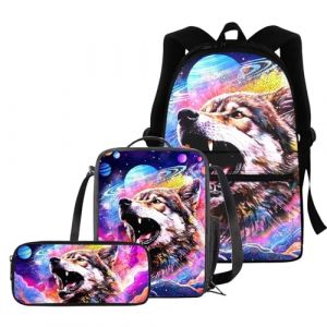 chaqlin Lot de 3 sacs d'école pour garçons et filles + boîte à déjeuner thermique + trousse à crayons, Loup rose galaxie, Sac à dos enfant (chaqlin, neuf)