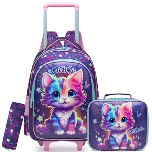 HTgroce Cartable Roulette Fille Primaire Chat Sac a Roulette Fille CE1 Sac &agrave; Dos &agrave; roulettes, Cartable de Voyage et Scolaire &agrave; roulettes (Lldaily EUR, neuf)