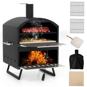 GYMAX Four &agrave; Pizza d'Ext&eacute;rieur &agrave; Bois avec 2 Grilles pour Barbecue, sur Pied ou sur Table, Pierre de Cuisson 40,5cm, Pelle, Housse de Protection, Temp&eacute;rature Max. 510&deg;C, pour F&ecirc;tes, Camping, R&eacute;union (GYMAX EU, neuf)