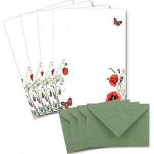 Lot de 25 feuilles de papier &agrave; lettres naturel A4 avec motif coquelicots et enveloppes C6 en papier kraft vert Papier imprimable pour invitations de mariage (Gl&uuml;xx-Agent GmbH, neuf)