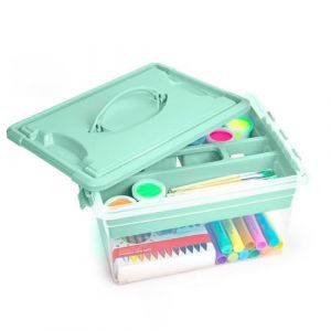 Tradineur - Bo&icirc;te de rangement avec plateau int&eacute;rieur et poign&eacute;e - N&deg; 9 - 12 litres - En plastique - Fermeture herm&eacute;tique et s&ucirc;re - 18 x 34 x 27 cm - Couleur pastel al&eacute;atoire (TRADINEUR, neuf)