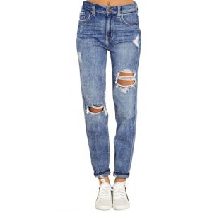 Roskiky Jean boyfriend stretch, jean &eacute;lastique pour femme, jean taille haute d&eacute;chir&eacute;, jean d&eacute;lav&eacute;, jean mom, pantalon slim en denim, L (RoskikyEU, neuf)