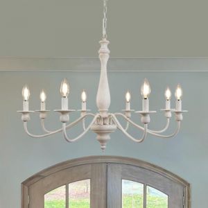 KMaiPem Lustre blanc vintage à 8 lumières, lustre rustique en métal, plafonnier moderne rustique français pour salon, chambre, entrée, salle à manger (POVILLA, neuf)