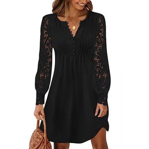 Minetom Dentelle Robe Femmes &Eacute;l&eacute;gante Col V Mini de Vacances Plage Soir&eacute;e F&ecirc;te Casual Tunique Shirt A Noir M (Mon Bon Coup FR, neuf)