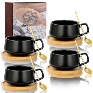 AOOTE Lot de 4 Tasses &agrave; Cappuccino avec soucoupe,320ml Ensemble Tasses &agrave; Expresso en Gr&egrave;s,set de tasses et soucoupes,tasses &agrave; caf&eacute; avec disque en bois pour caf&eacute;, cappuccino,th&eacute;(Noir mat) (LucyJinFuLai, neuf)