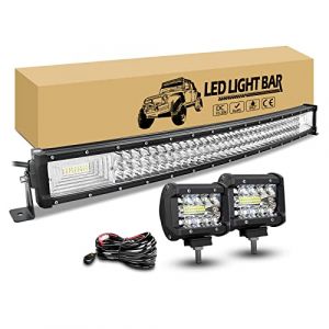 RIGIDON 81cm 405W Incurv&eacute; rampe barre de led 4x4 avec 12v faisceau de c&acirc;blage kit, 2 x 10cm 60W phare de travail, longue portee feu antibrouillard pour offroad v&eacute;hicules camion tracteur (JIANDAO, neuf)
