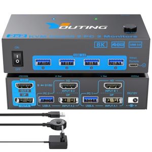 YOUTINGHDAV Commutateur KVM 2 PC 2 moniteurs HDMI DP, USB 3.0 Commutateur KVM Dual Monitor 8K@60Hz HDMI 2.1, 4K @ 144Hz DisplayPort 1.4 pour 2 PC Partager Souris Clavier avec Télécommande filaire (YT STORE, neuf)