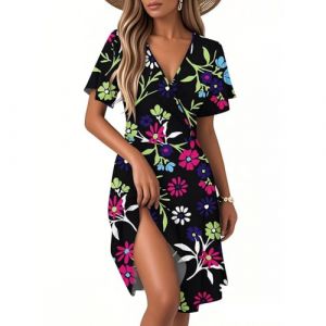 G&eacute;n&eacute;rique Robe de Femme Boheme Vetement Robe de Bal Cocktail Chic Elegant Mi Longue Fluide Femme Fleurie Manche Courte Ensemble Portefeuille Col V Robes de Femmes de Plage Soiree (C Hot Pink,Medium) (QU-XINYU, neuf)