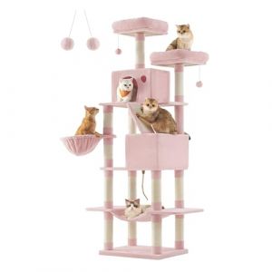 Feandrea Arbre à Chat, Hauteur 206 cm, avec 13 Griffoirs, 2 Plate-Forme, 2 Niches, Panier, Hamac, Pompon, Tissu Peluche, Multi-Niveaux pour Chat d'Intérieur, Rose Bonbon PCT190P01 (SONGMICS HOME FR, neuf)