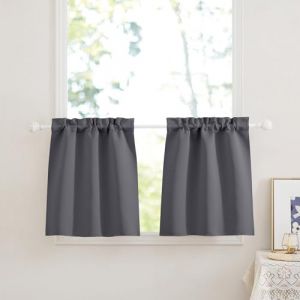PONY DANCE Rideaux Cuisine Passe Tringle, Rideau Occultant Gris Opaque Décoration de Maison Cuisine Petite Fenetre, Porte Placard, Largeur 60cm sur Hauteur 45cm, 2 Pièces (RYB HOME EU, neuf)