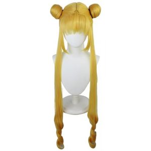 Windskids Sailor Moon Cosplay Perruques Femme Or 105cm Long Double Queue de Cheval Boucles Pony Perruques Déguisement Sailor Moon Tsukino Usagi Halloween Carnaval Fête Mascarade Performante Anime Wig (Windskids, neuf)