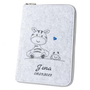 Housse de carnet de santé « girafe et crabe » au format A5, personnalisable, avec nom en feutre (couleur et broderie au choix), housse pour carnet d'examen pour enfant et carnet de vaccination, (luxdag, neuf)