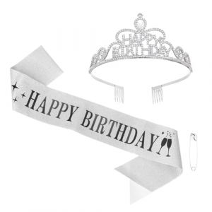 PATIKIL Écharpe d'anniversaire avec serre-tête joyeux anniversaire, diadème d'anniversaire pour femmes, kit de décoration de reine d'anniversaire, accessoires, argent (PATIKIL UK, neuf)