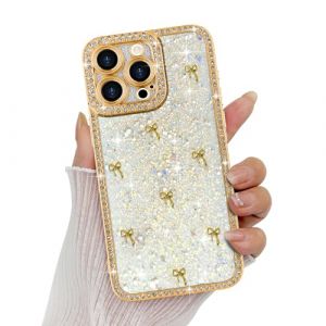 Wirvyuer Compatible avec iPhone 15 Pro Max Coque Glitter Luxe Brillant Housse avec Cristal Diamant pour Femme Fille Bling Strass Coque avec 3D N&oelig;uds Case pour iPhone 15 Pro Max Or (meijiehua, neuf)