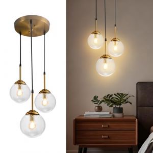 Wylolik Moderne 3 Lumi&egrave;res Suspension Luminaire Verre, Transparent Boule de Verre Lampe Suspension Cluster, R&eacute;glable en Hauteur Lustre en Laiton Pour Salle &agrave; Manger, Chambre &agrave; Coucher, Salon, Cuisine (Source store, neuf)