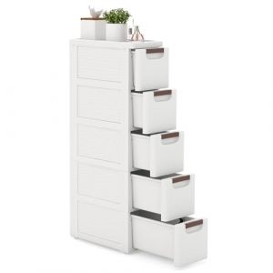 GOPLUS Armoire de Rangement &agrave; Roulettes Etroite, Chariot en Plastique Mince &agrave; 3/4/5/6 Tiroirs, Roues Int&eacute;gr&eacute;es, Organisateur de Rangement Mobile pour Cuisine, Salle de Bain, Bureau (5 Tiroirs,Blanc) (Augenstern24, neuf)