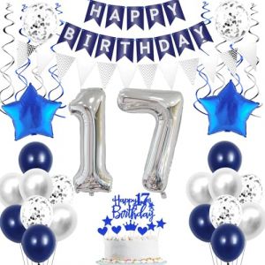 Décoration Anniversaire 17 Ans Garçon Fille - Ballons Argent Bleu et Décoration Gâteau (Crazy-M, neuf)