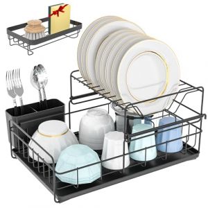 NURADA - &Eacute;gouttoir &agrave; vaisselle en acier inoxydable - &Eacute;gouttoir &agrave; vaisselle + organisateur d'&eacute;vier - &Eacute;gouttoir &agrave; 2 niveaux r&eacute;glables pour assiettes et verres - R&eacute;sistant &agrave; la rouille - Noir (KELLER, neuf)