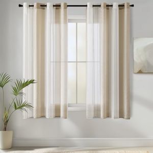 MIULEE Rideaux Voilage &agrave; Rayures Blancs et Beige, Voilages Int&eacute;rieurs avec Oeillets, Beaux Voile Rideau Voilage Fenetre Chambre, Lot de 2 Transparent Rideaux Salon Hauteur 137 CM Voilage Court (MIULEE HOME, neuf)