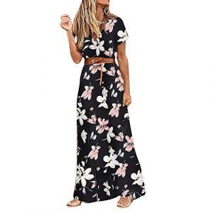 G&eacute;n&eacute;rique Robe d'&Eacute;t&eacute; Femme Boh&egrave;me Chic Vintage Col V Manches Courtes, Robe Longue Casual Imprim&eacute; Fleurie Maxi Robe de Plage Soir&eacute;e, Noir, XL (Qingyak, neuf)