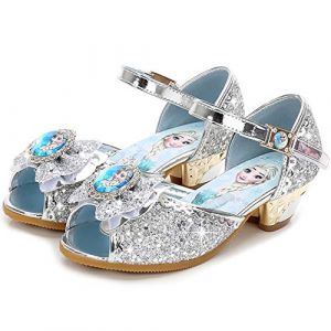 FStory&Winyee Sandales Princesse Enfant Filles Reine des Neiges Bouche Poisson Talons Hauts Chaussures Ballerines Elsa Arc Charmant Doux Cosplay D&eacute;guisement Ceremonie et F&ecirc;tes,Argent,24 (Monissy, neuf)