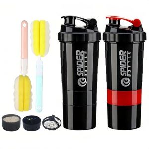 Tokaneit 2 Pièces Fitness Shaker, Protein Shaker Deluxe, Bouteille Shaker de Protéines Étanche, Shaker Proteinshake avec Compartiment à Poudre + 2 Brosse en Mousse, Sans BPA, 500ml (DNklo, neuf)