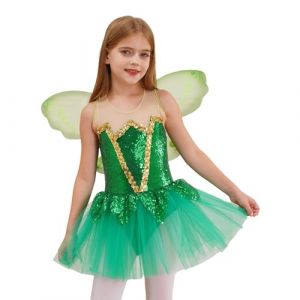inhzoy Enfant Fille D&eacute;guisement Costume F&eacute;e Clochette Robe de F&eacute;e Elfe avec Ailes de Papillon Cospaly Lutin Halloween Carnaval 6-16 Ans Vert 7-8 ans (inhzoy eu, neuf)